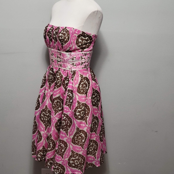Anthro Plenty by Tracy Reese pink brown geo strapless silk blend dress size 6 - Picture 4 of 8